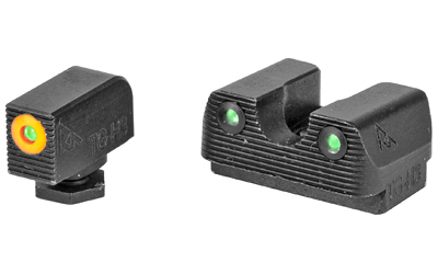 Rival Arms, Tritium 3 Dot Front/Rear Green Night Sight, Fits Glock 42/43, Orange Front Sight Ring, Black Nitride Quench-Polish-Quench (QPQ) Finish